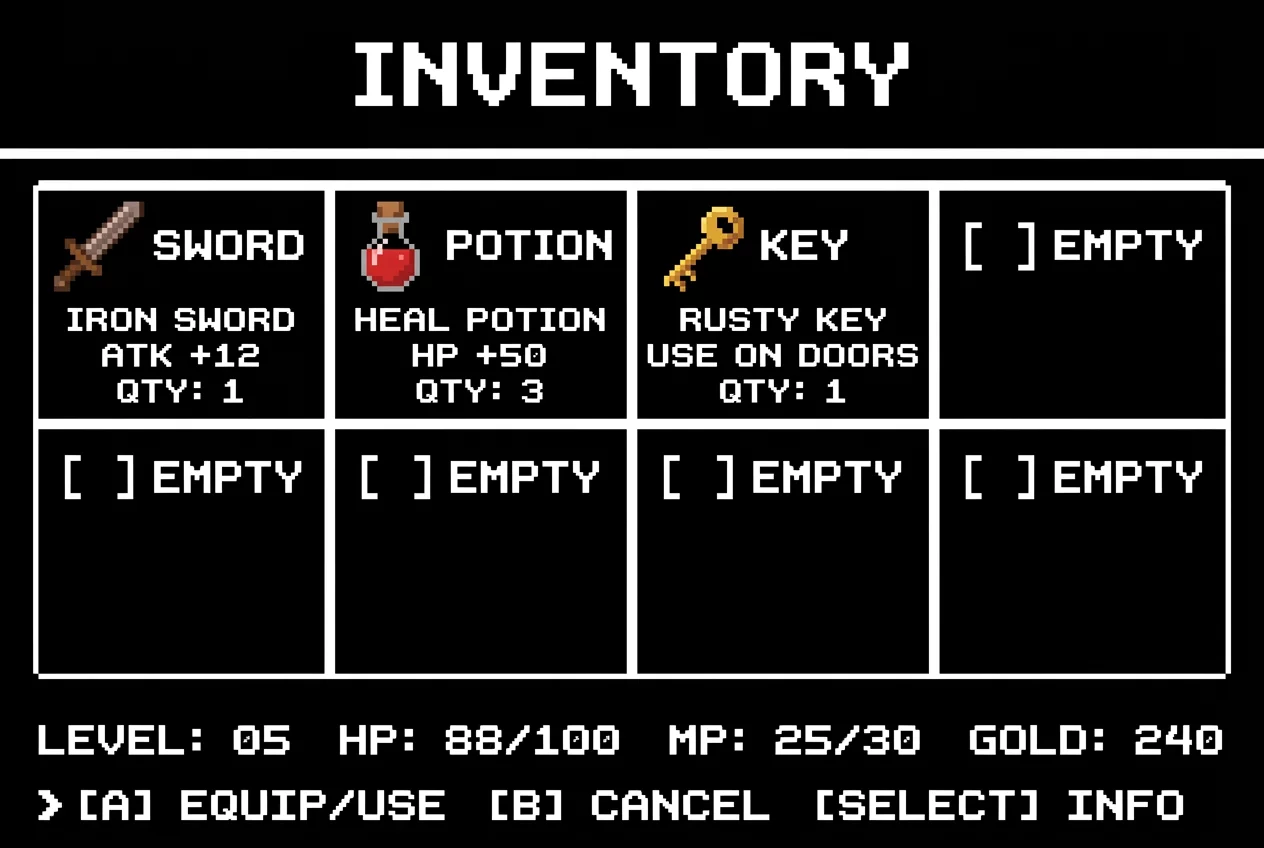 Retro game UI and inventory