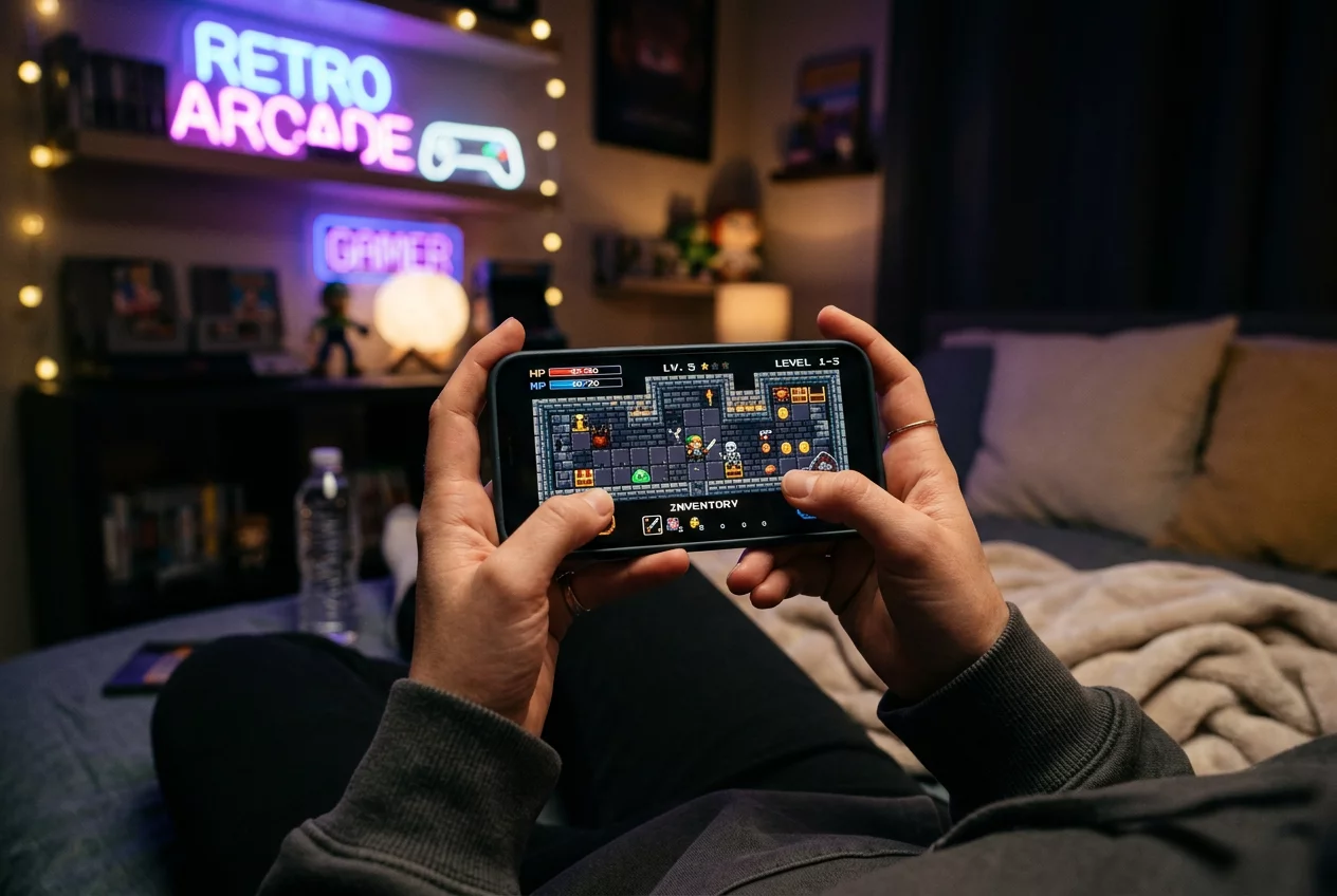 Smartphone running 8-bit adventure